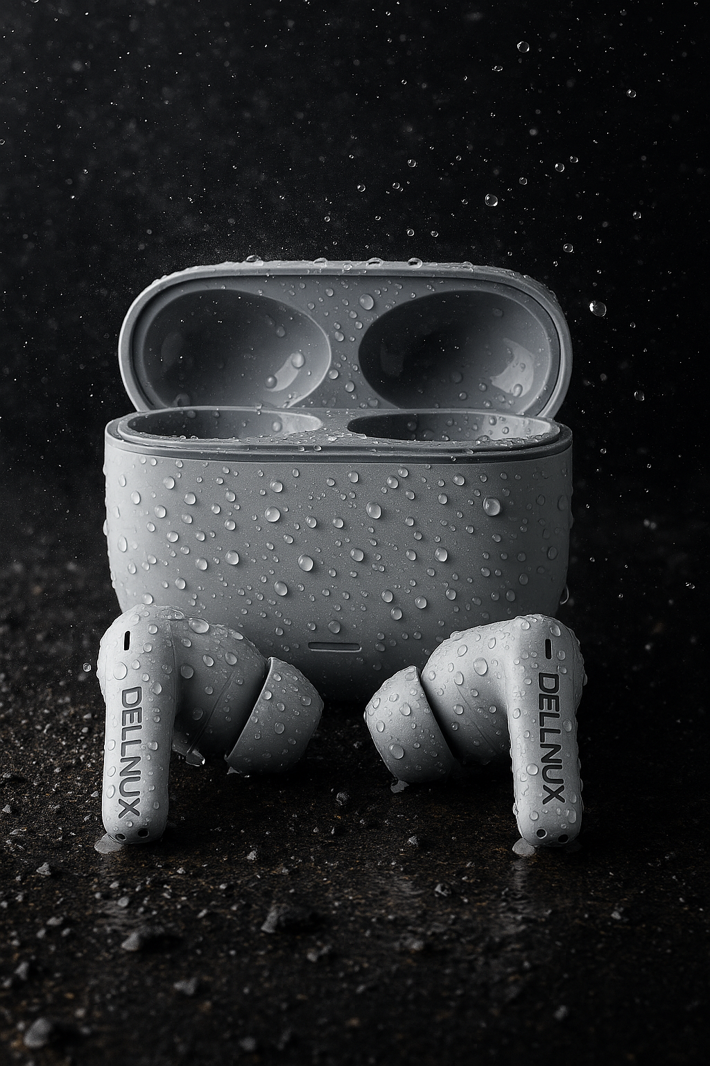 Wireless earbuds with charging case on a dark surface, featuring the brand 'Dellux'.