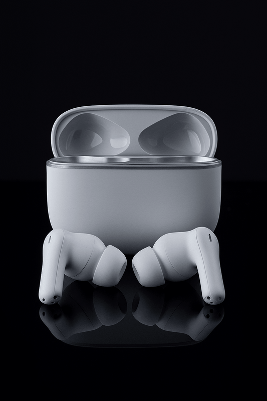 noise cancelling earbuds UK with charging case on black background