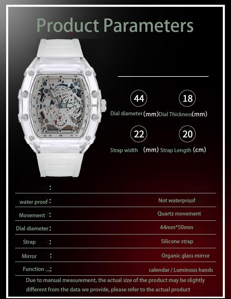 DellNux Cryston DN-5600 – Skeleton Quartz Watch with Luminous Hands & Silicone Strap