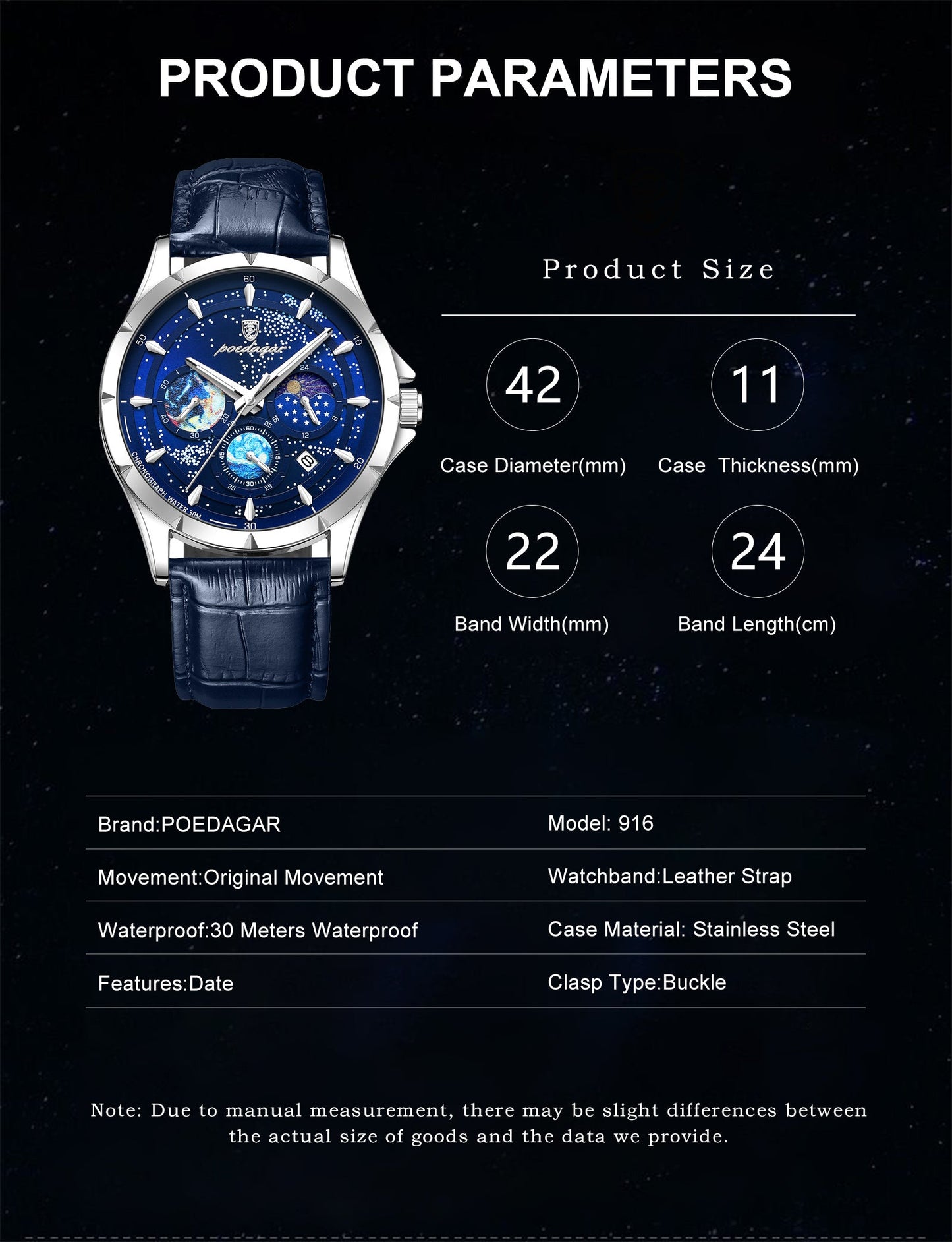 Luxury Watch with product parameters on a dark background available in UK at Dellnux
