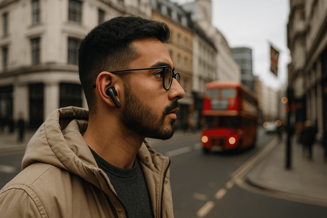 men wearing earbuds earphones wireless in background london metro available in UK at Dellnux