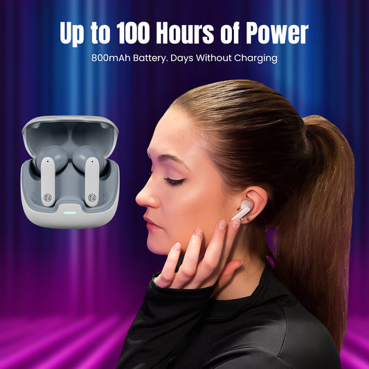 Woman wearing wireless earbuds with charging case, text about battery life on a blue and purple gradient background