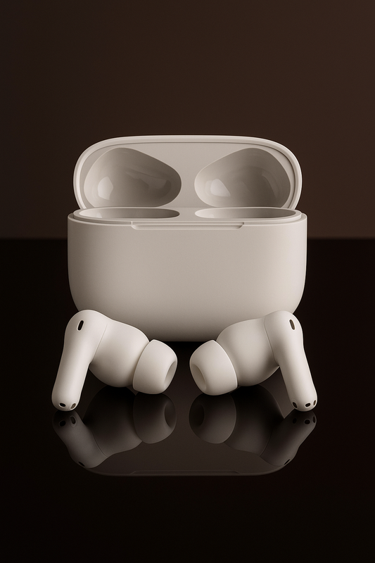 White wireless earbuds with charging case on a reflective black surface