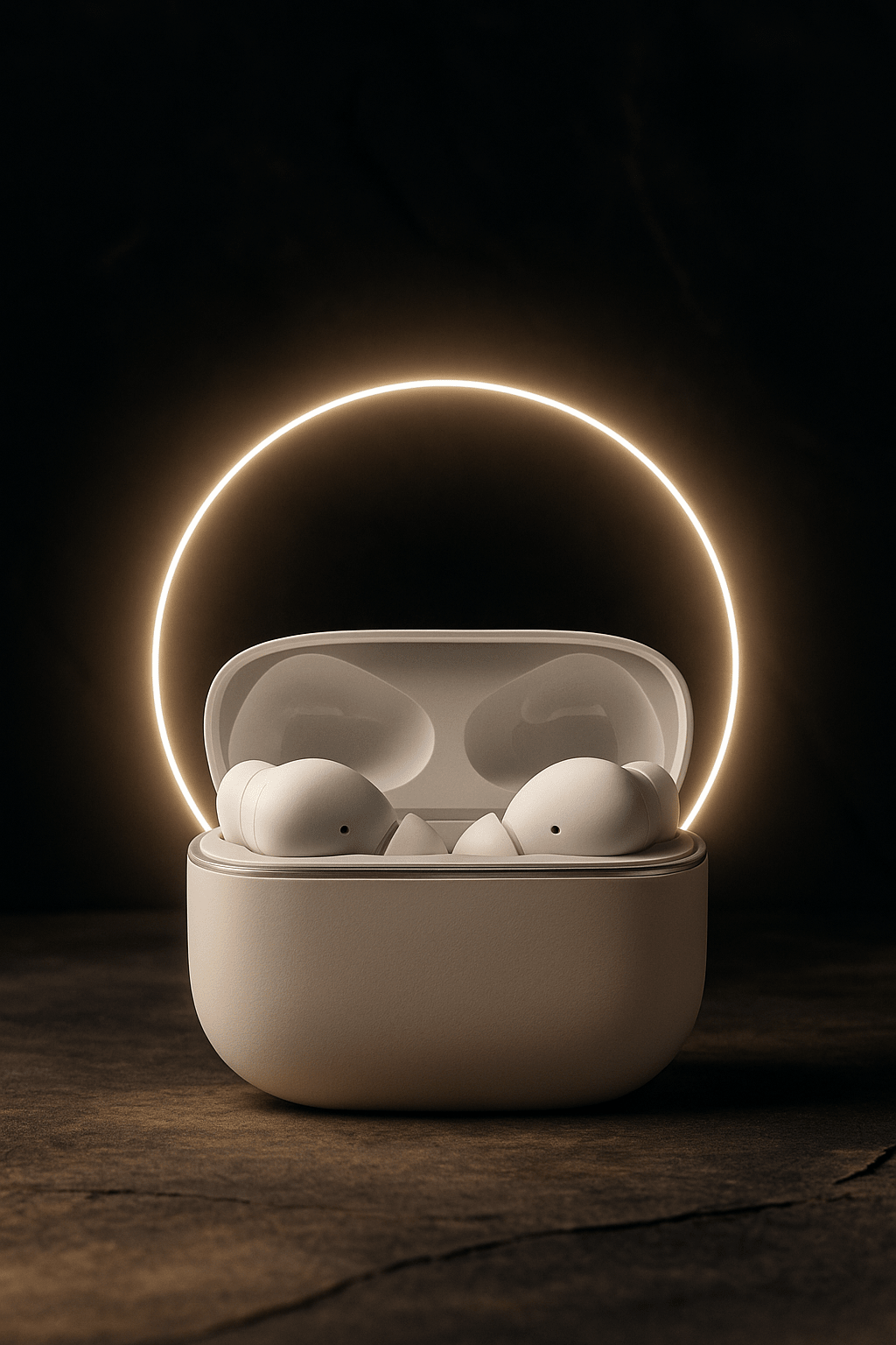Noise cancelling earbuds UK in charging case with glowing circular light on dark background