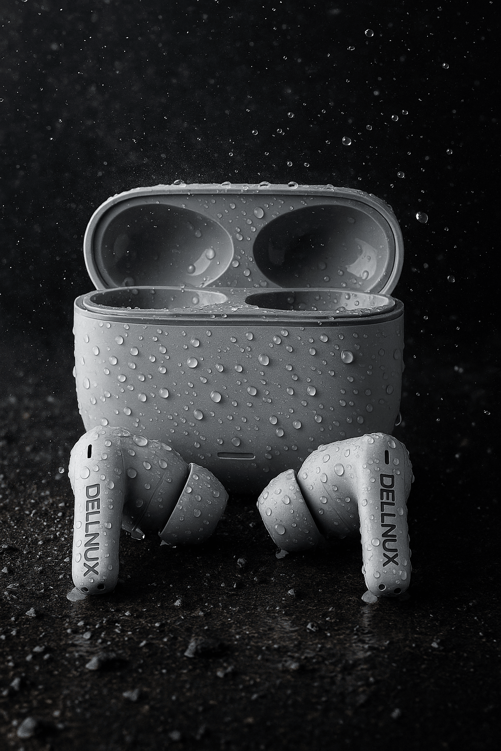 Black and white photo of noise cancelling earbuds with charging case on dark background