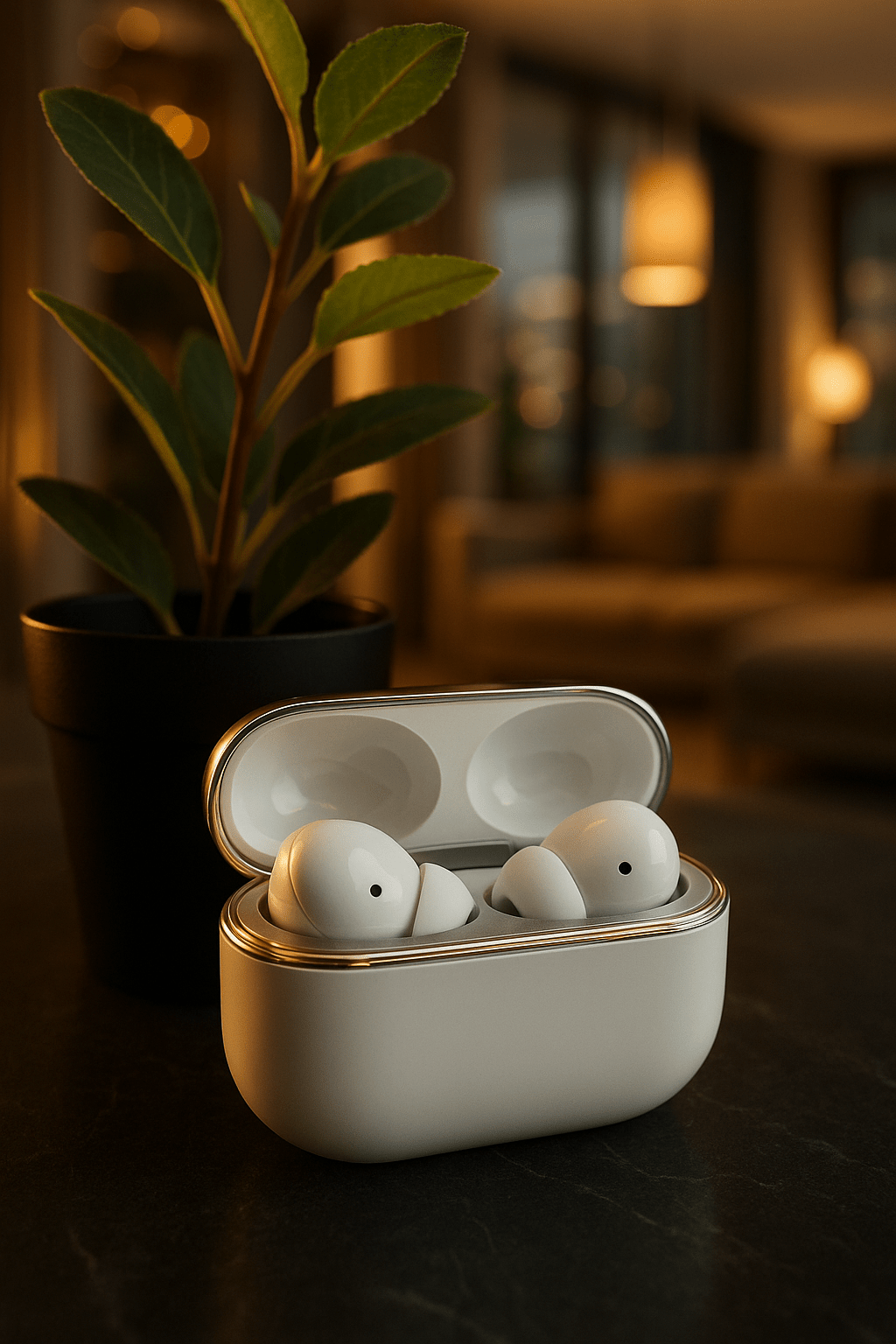 noise cancelling earbuds in charging case on dark surface with blurred indoor background