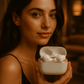 Woman holding case with noise cancelling earbuds inside, set against a warm-toned background.