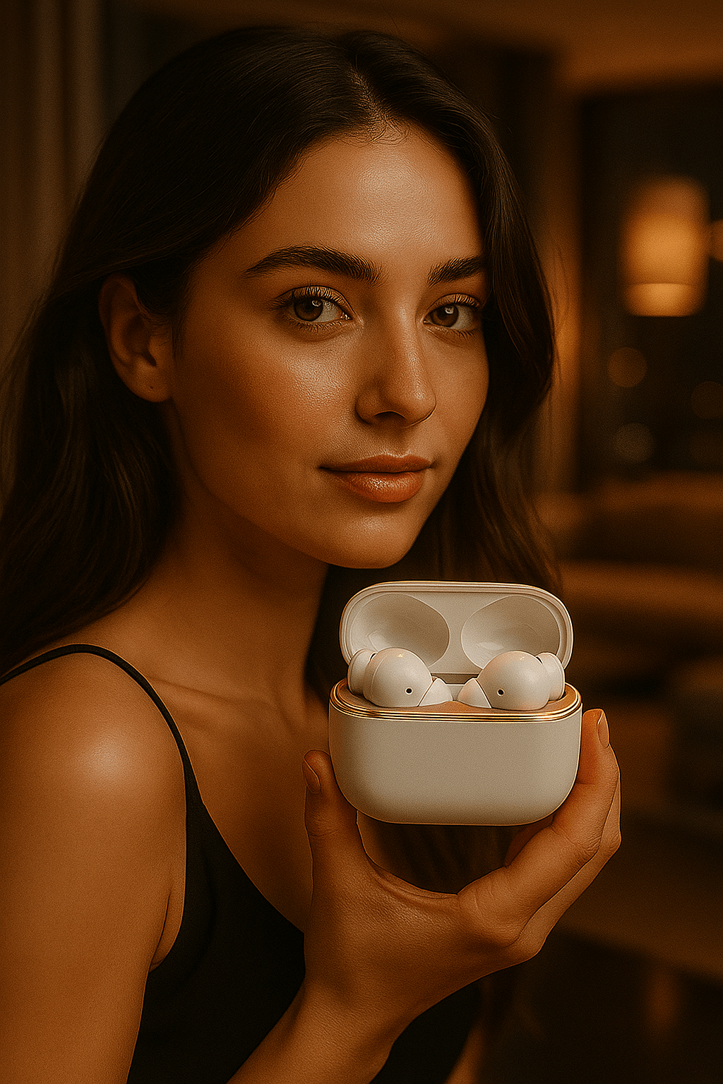 Woman holding case with noise cancelling earbuds inside, set against a warm-toned background.