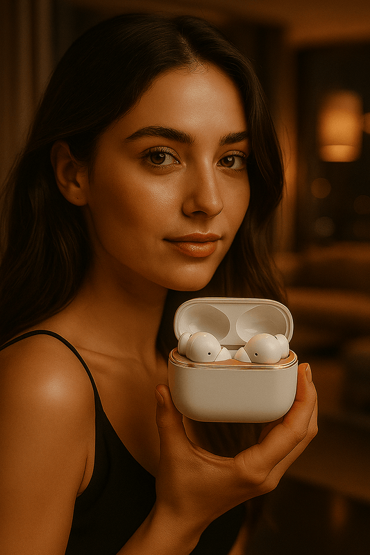 Woman holding case with noise cancelling earbuds inside, set against a warm-toned background.