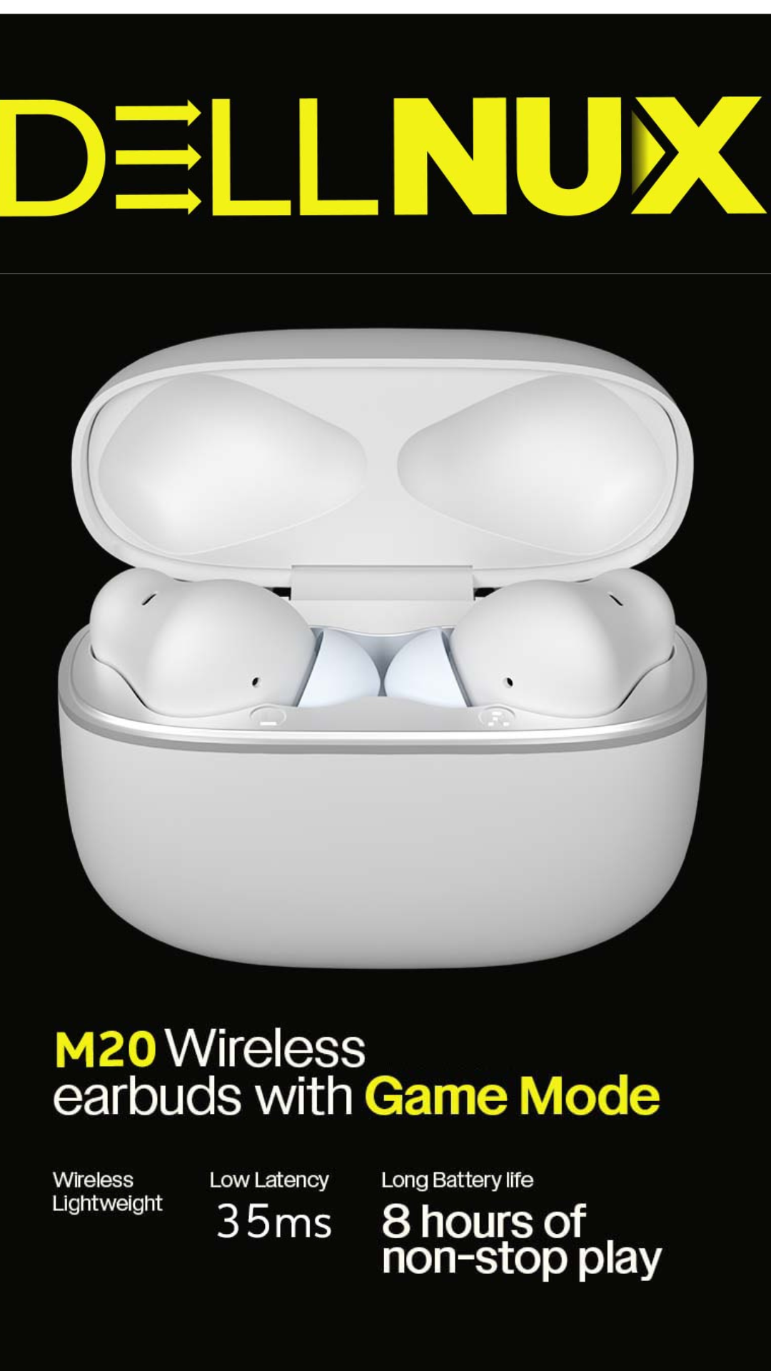 White wireless earbuds in a charging case with Dell Nux branding on a black background.