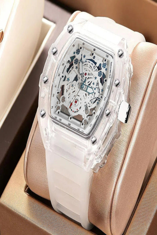 DellNux Cryston DN-5600 – Skeleton Quartz Watch with Luminous Hands & Silicone Strap