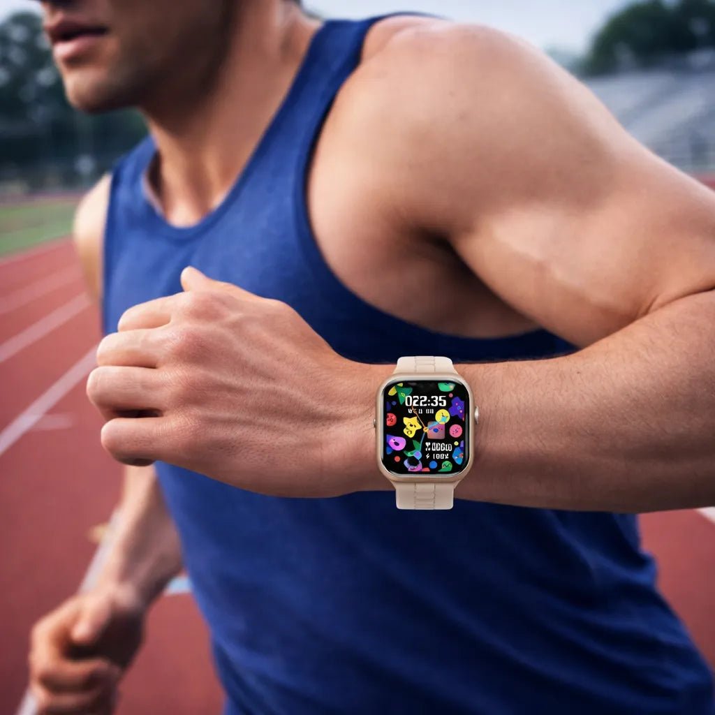 Athlete on track wearing smartwatch men watch with colorful display