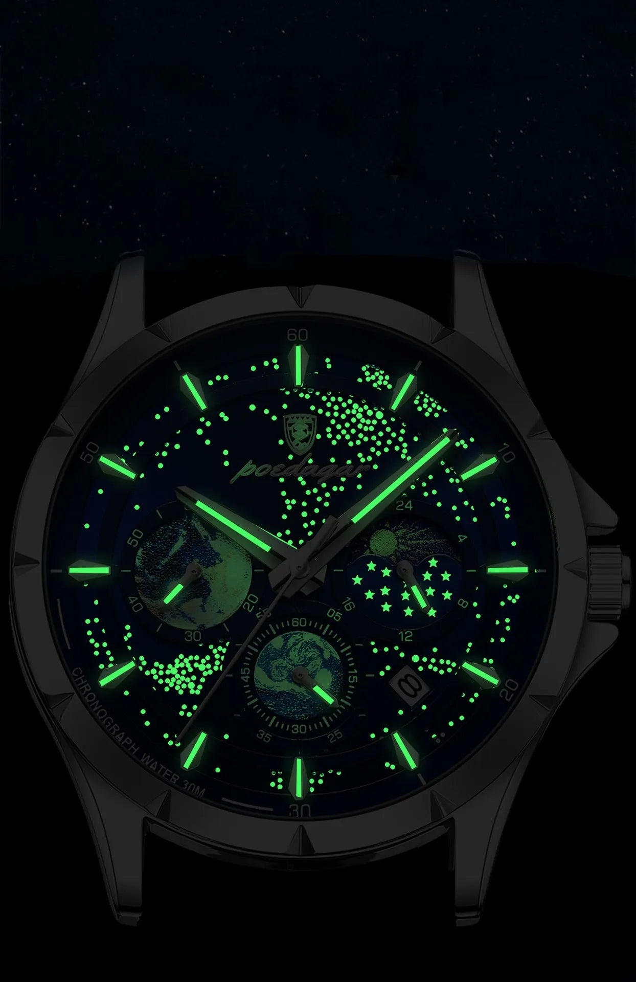 luxury watch with luminous dial in dark