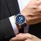 Person wearing luxury watches with  blue face on suit sleeve