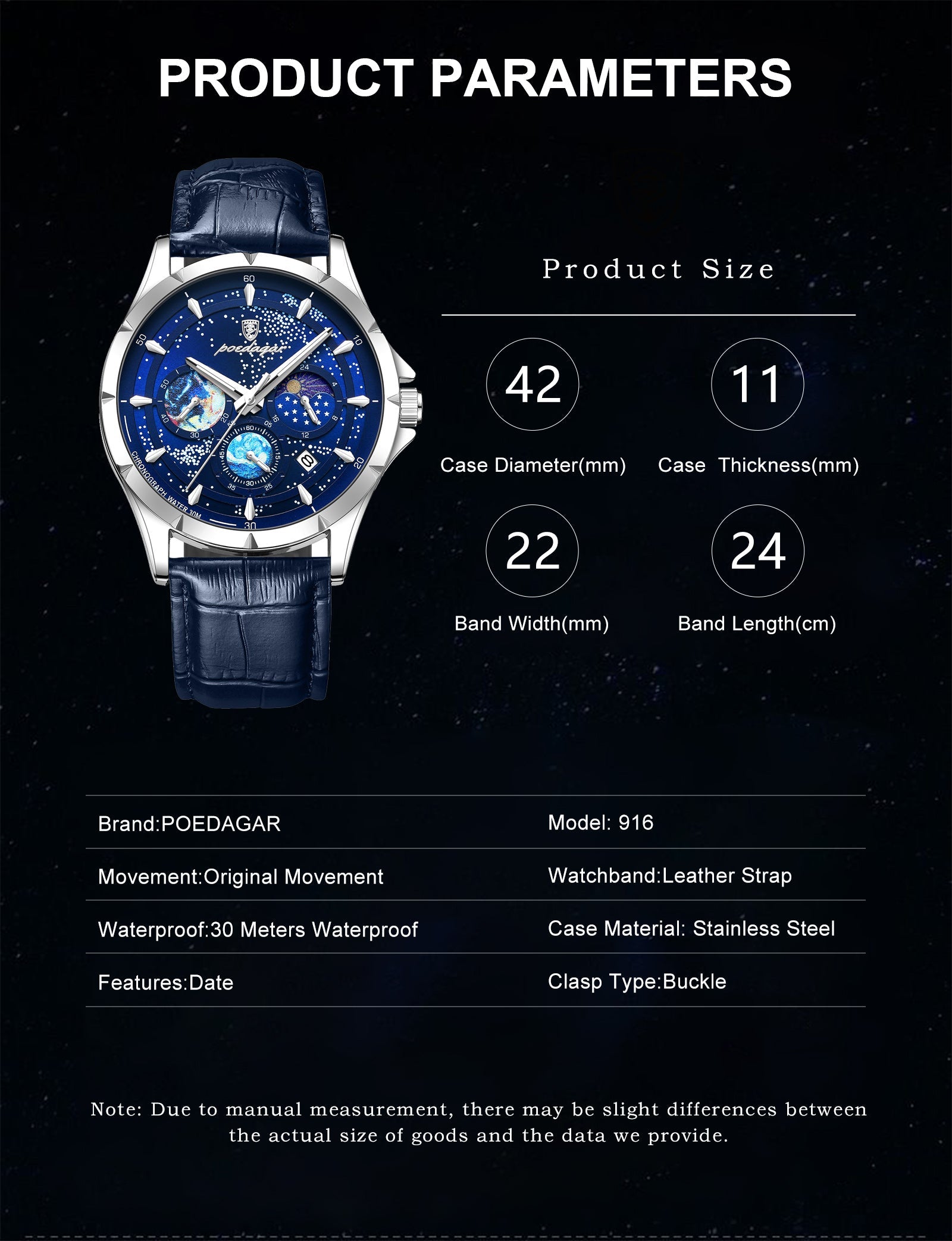 Luxury Watch with product parameters on a dark background available in UK at Dellnux