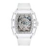 Skeleton wristwatch for men with transparent case and white strap on white background available in UK at Dellnux