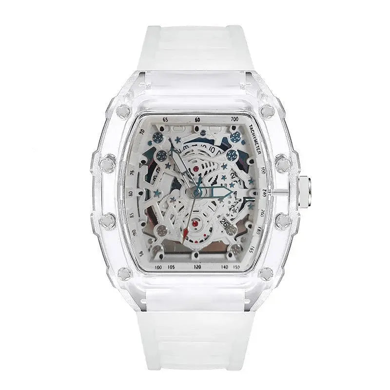 Skeleton wristwatch for men with transparent case and white strap on white background available in UK at Dellnux