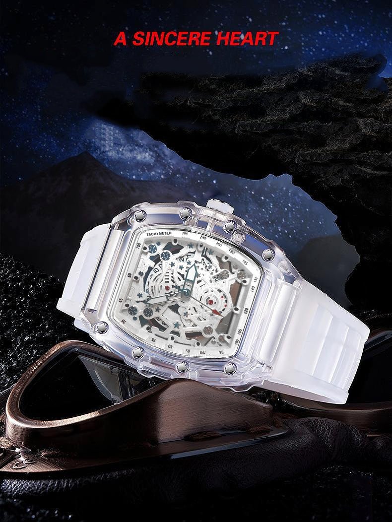 Skeleton Watch with transparent case on a dark background with 'A Sincere Heart' text. available in UK at Dellnux