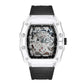 Skeleton Watch with transparent case and black strap on white background available in UK at Dellnux