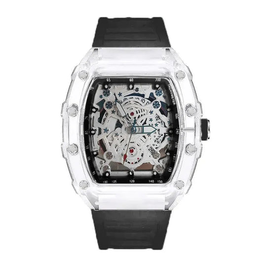 Skeleton Watch with transparent case and black strap on white background available in UK at Dellnux