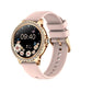 Smartwatch womens with pink strap and gold casing on a white background