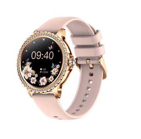 Smartwatch womens with pink strap and gold casing on a white background