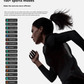 Woman running with fitness smartwatch displaying 100+ sports modes on the left.