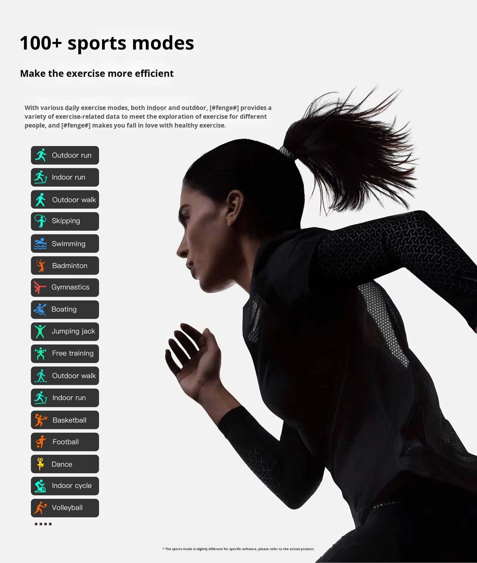 Woman running with fitness smartwatch displaying 100+ sports modes on the left.