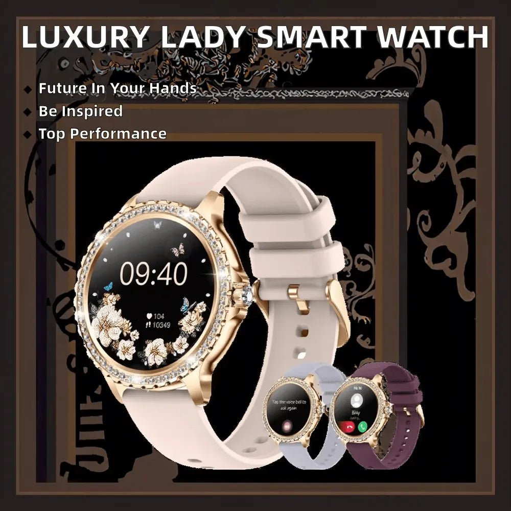 Luxury smartwatch for female with decorative frame and text available in UK at Dellnux