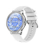 Smartwatch womens with white strap and decorative band on white background