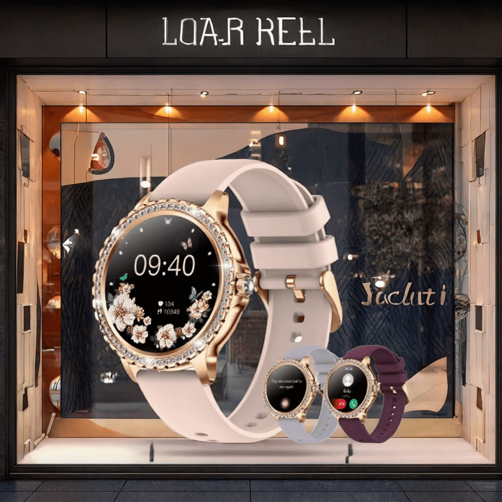 Smartwatch  womens with white strap on display in a store window, featuring the brand 'LOAR REEL'.