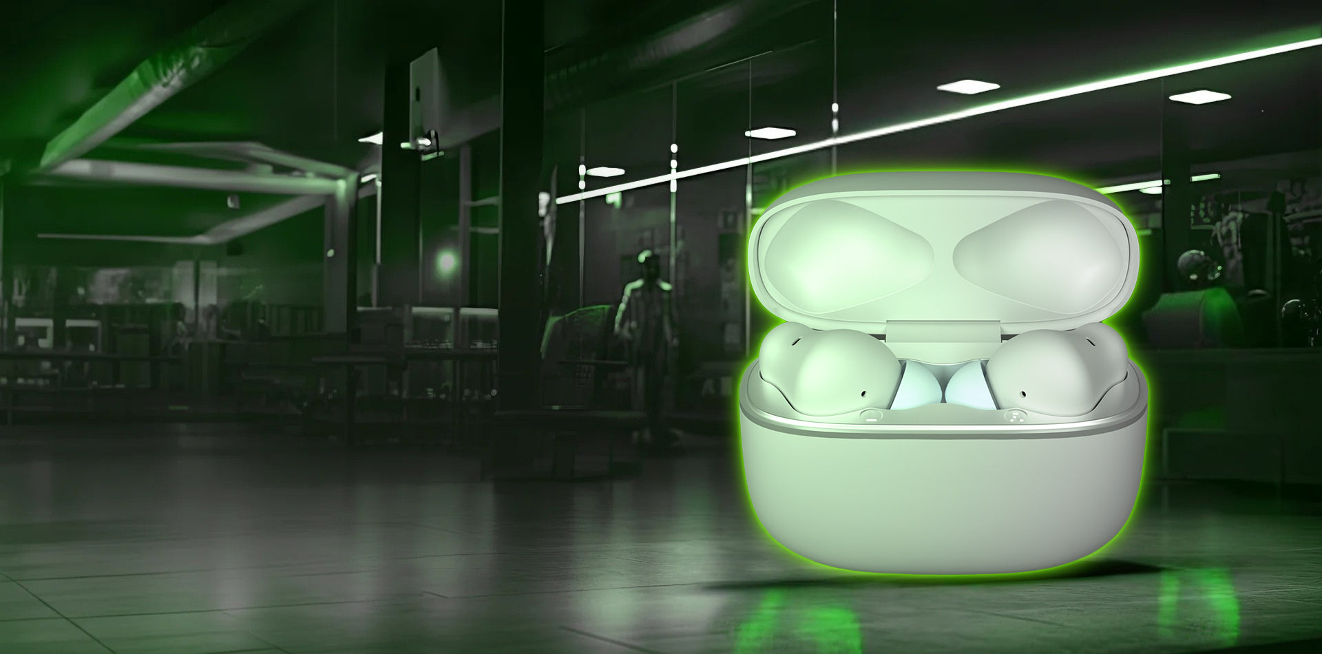 noise cancelling earbuds in a transparent charging case on a reflective surface with a blurred indoor background. available in UK at Dellnux