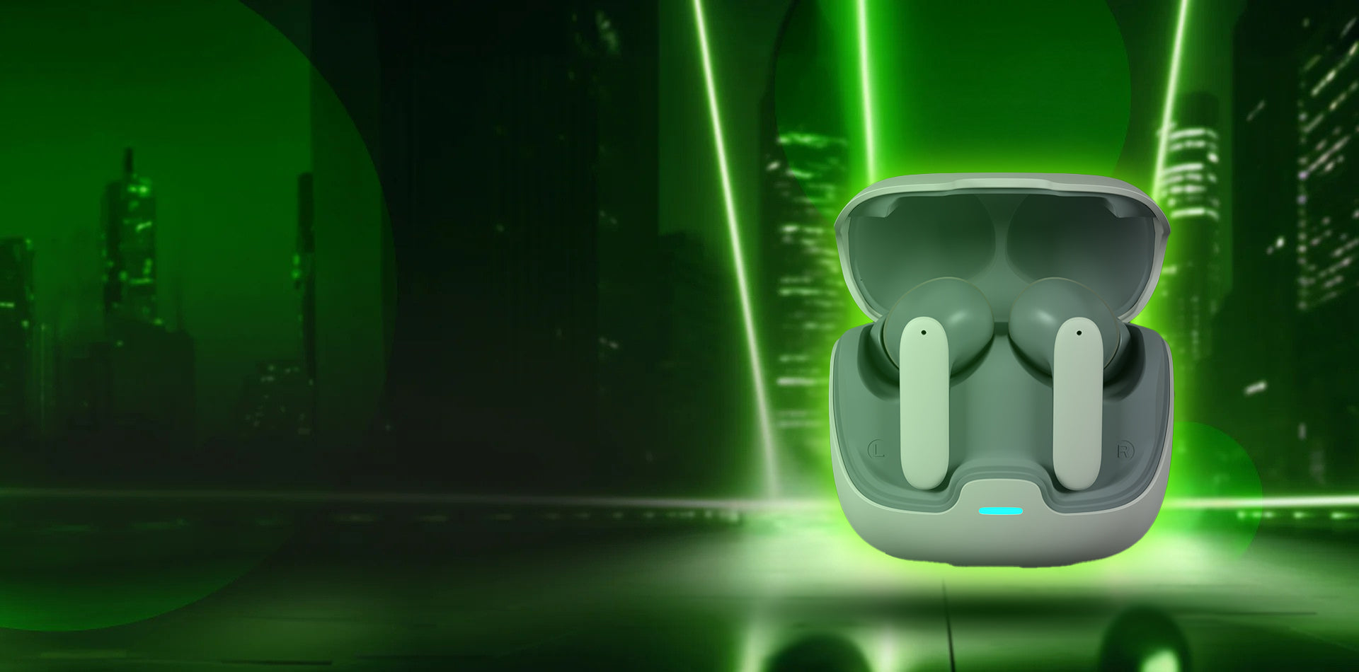 Wireless Earbuds in a charging case with cityscape background available in UK at Dellnux