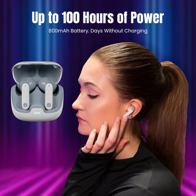 women wearing wireless earbuds showing feature in blue background available in UK at Dellnux