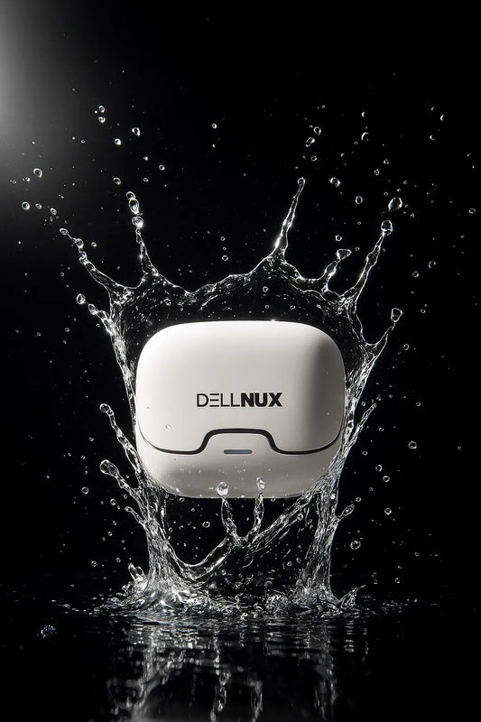 water resistant wireless earbuds with water splashes on a black background available in UK at Dellnux