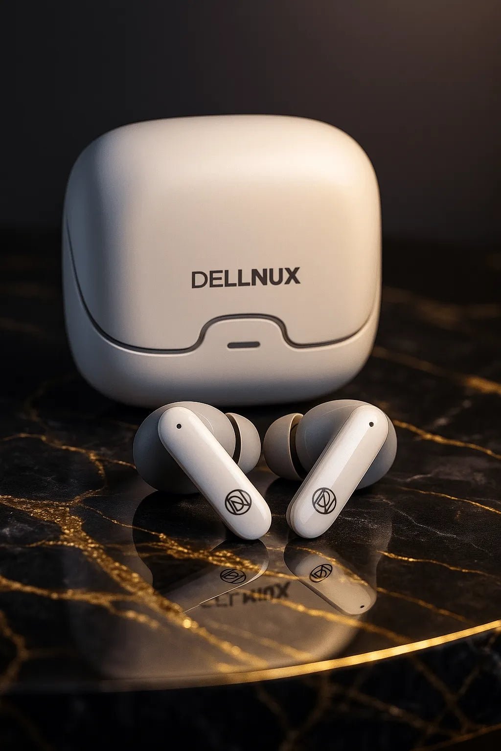 wireless earbuds with charging case on a reflective surface, featuring the brand Dellnux'.available in UK at Dellnux