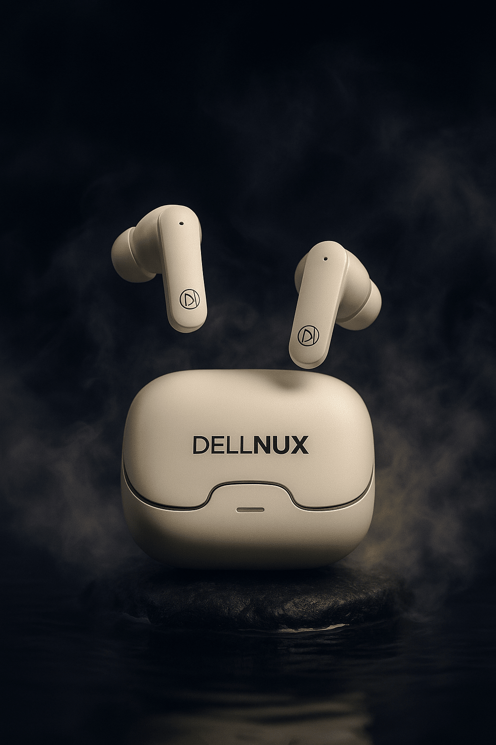 wireless earbuds with charging case on dark background, featuring the brand 'Dellnux'.