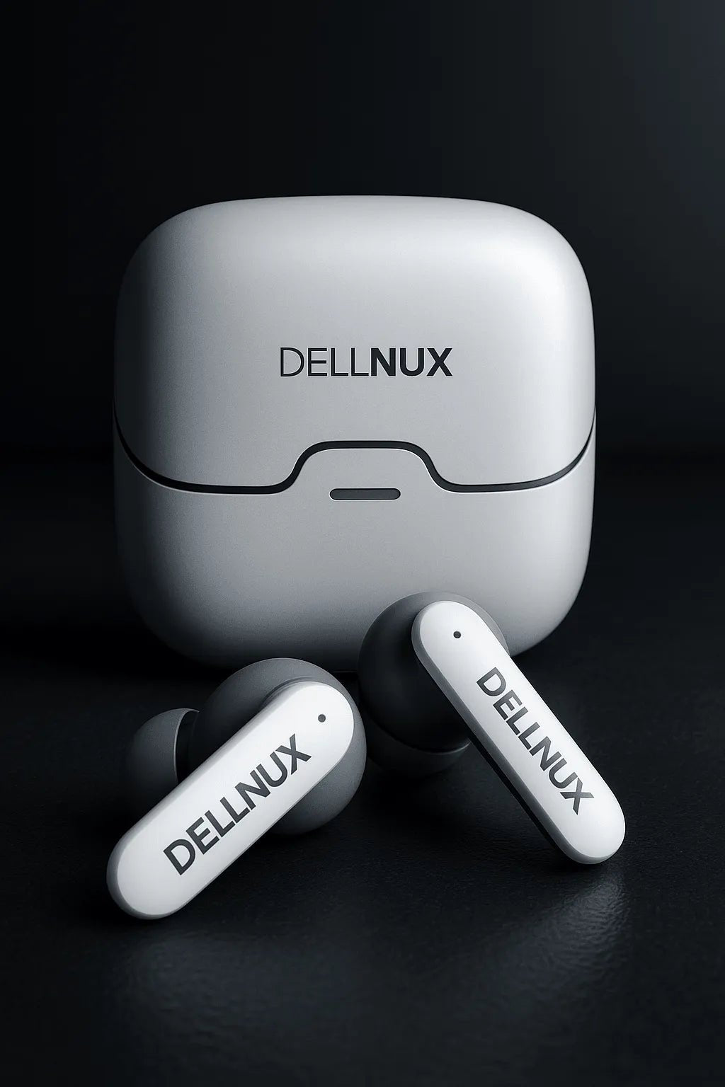 wireless earbuds with charging case on a black background available in UK at Dellnux