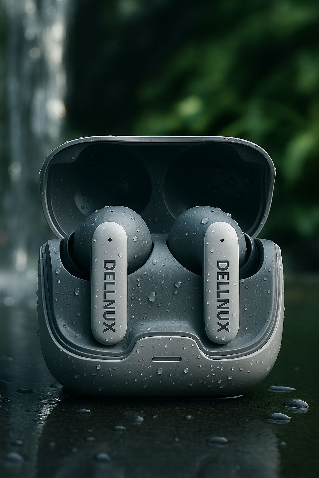 Delinux wireless earbuds with charging case on reflective surface with water droplets.