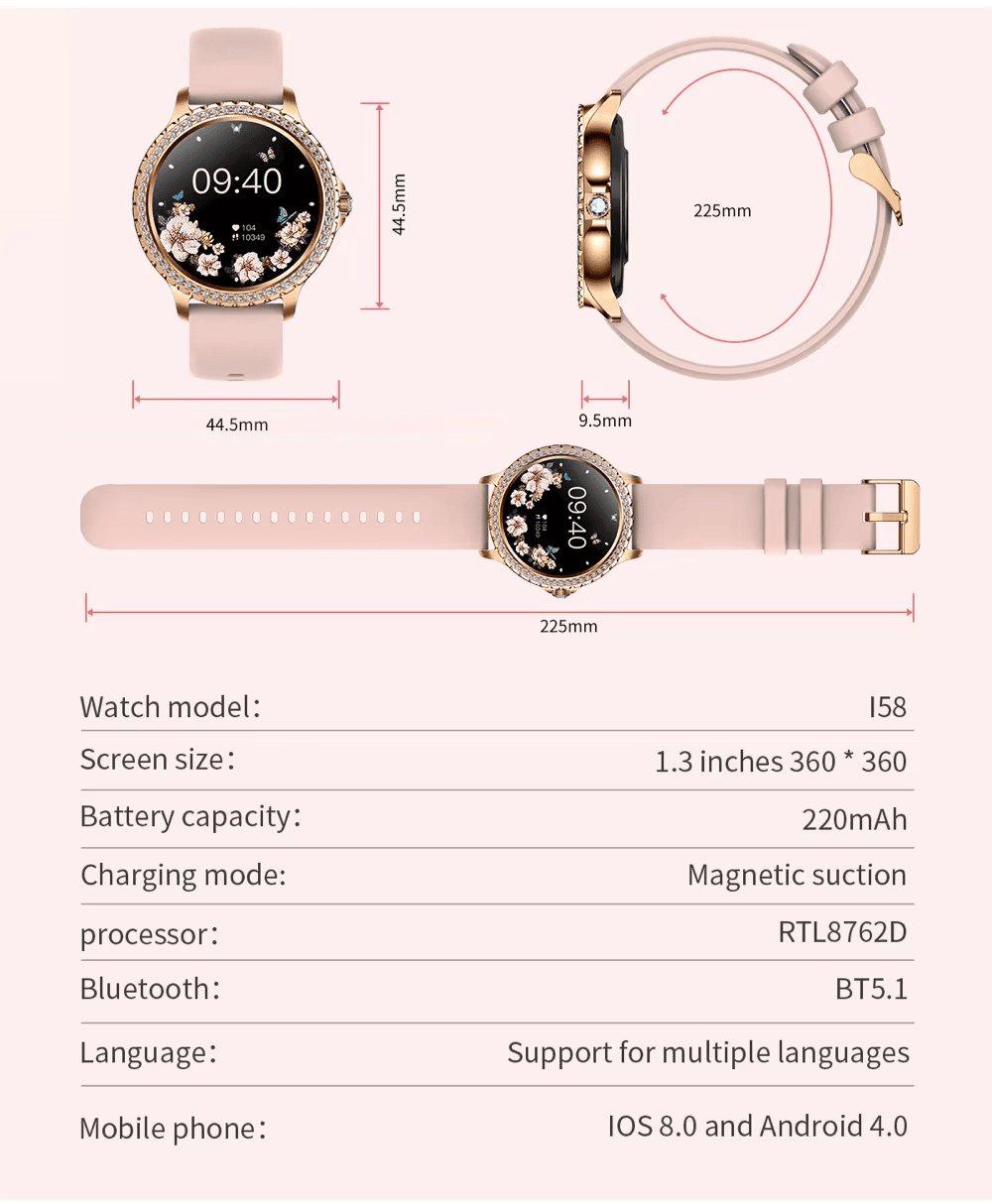 Smartwatch womens with pink band and dimensions displayed available in UK at Dellnux